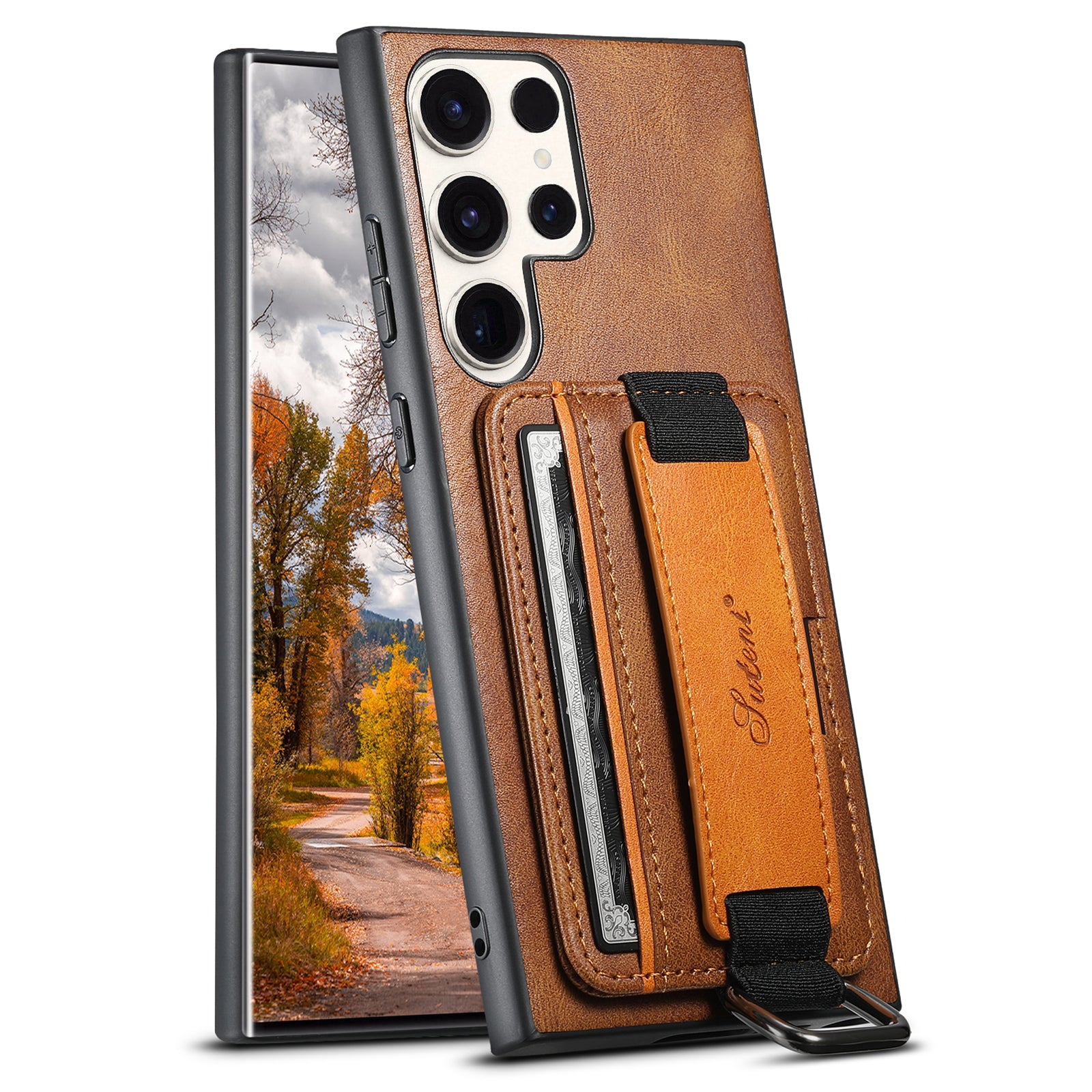 SUTENI H13 For Samsung Galaxy S23 Ultra Card Holder Phone Cover Leather Coated PC TPU Shell Kickstand Case with Hand Strap SUTENI H13 For Samsung Galaxy S23 Ultra Card Holder Phone Cover Leather Coated PC TPU Shell Kickstand Case with Hand Strap